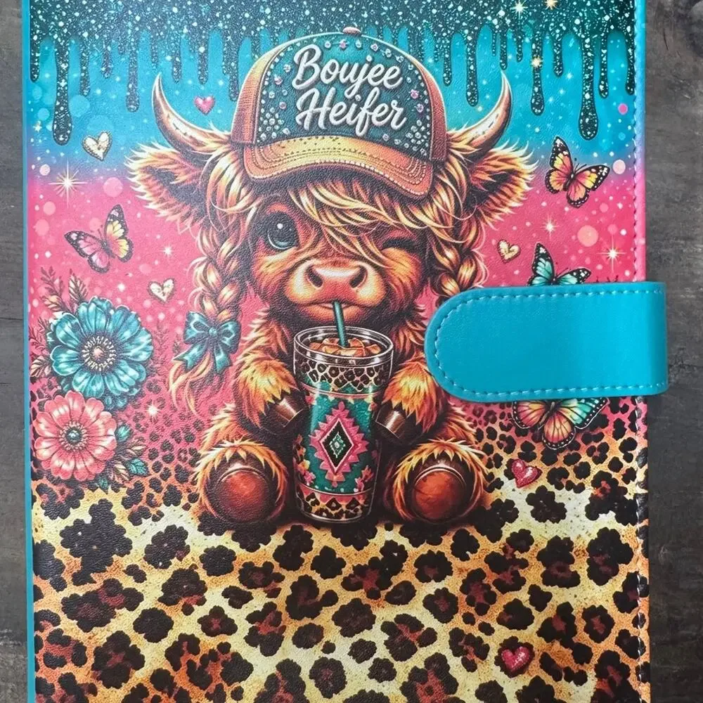 Highland Cow Boujee Heifer A5 Binder with stationery paper, mousepad, & tote bag